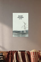 Blade Runner 2049 Minimalist Art in a cozy movie room above a brown sofa with popcorn.