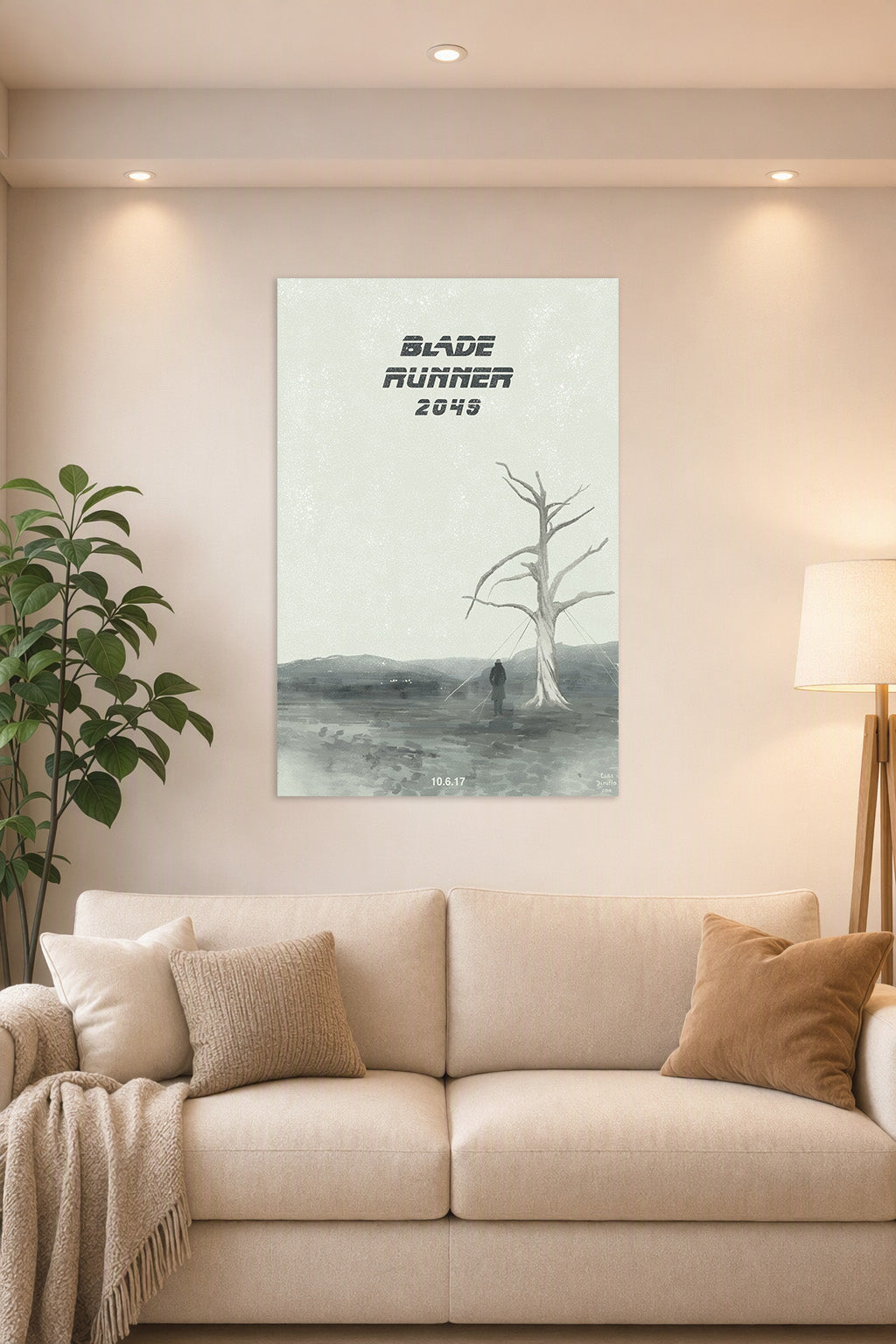 Blade Runner 2049 Minimalist Art in a bright living room above a beige sofa.