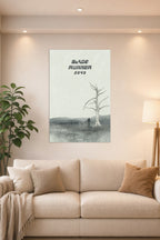 Blade Runner 2049 Minimalist Art in a bright living room above a beige sofa.