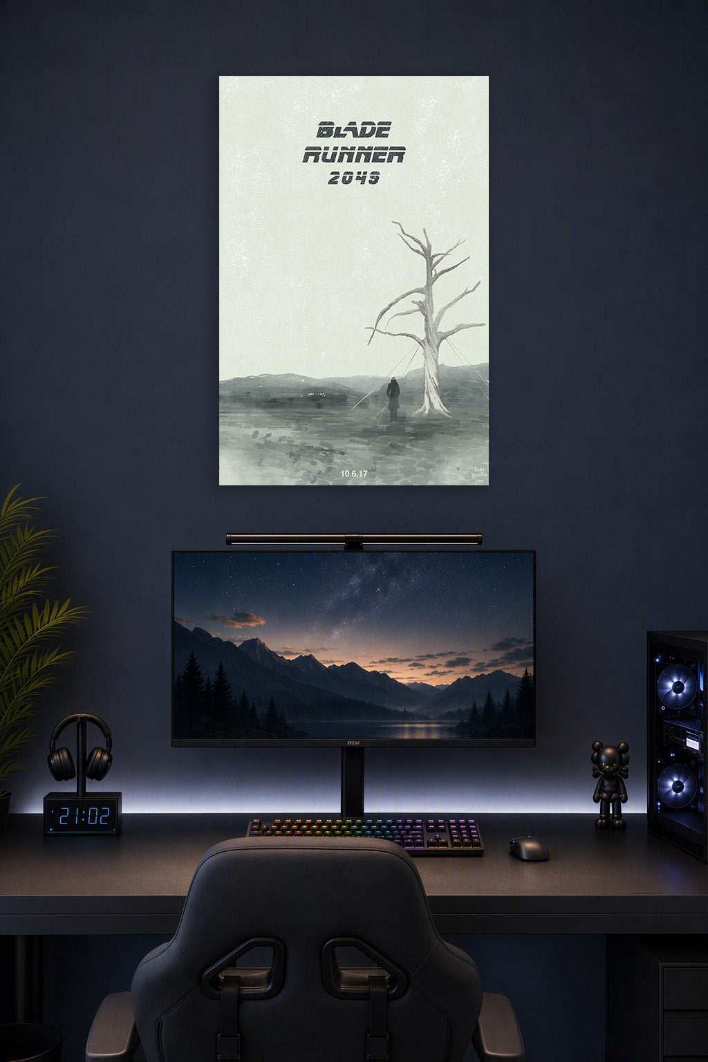 Blade Runner 2049 Minimalist Art in a gaming desk setup above a monitor.
