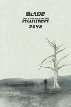 Blade Runner 2049 poster depicts a lone dark-coated figure beside a bare tree in a misty gray-green landscape.