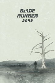 Blade Runner 2049 poster depicts a lone dark-coated figure beside a bare tree in a misty gray-green landscape.