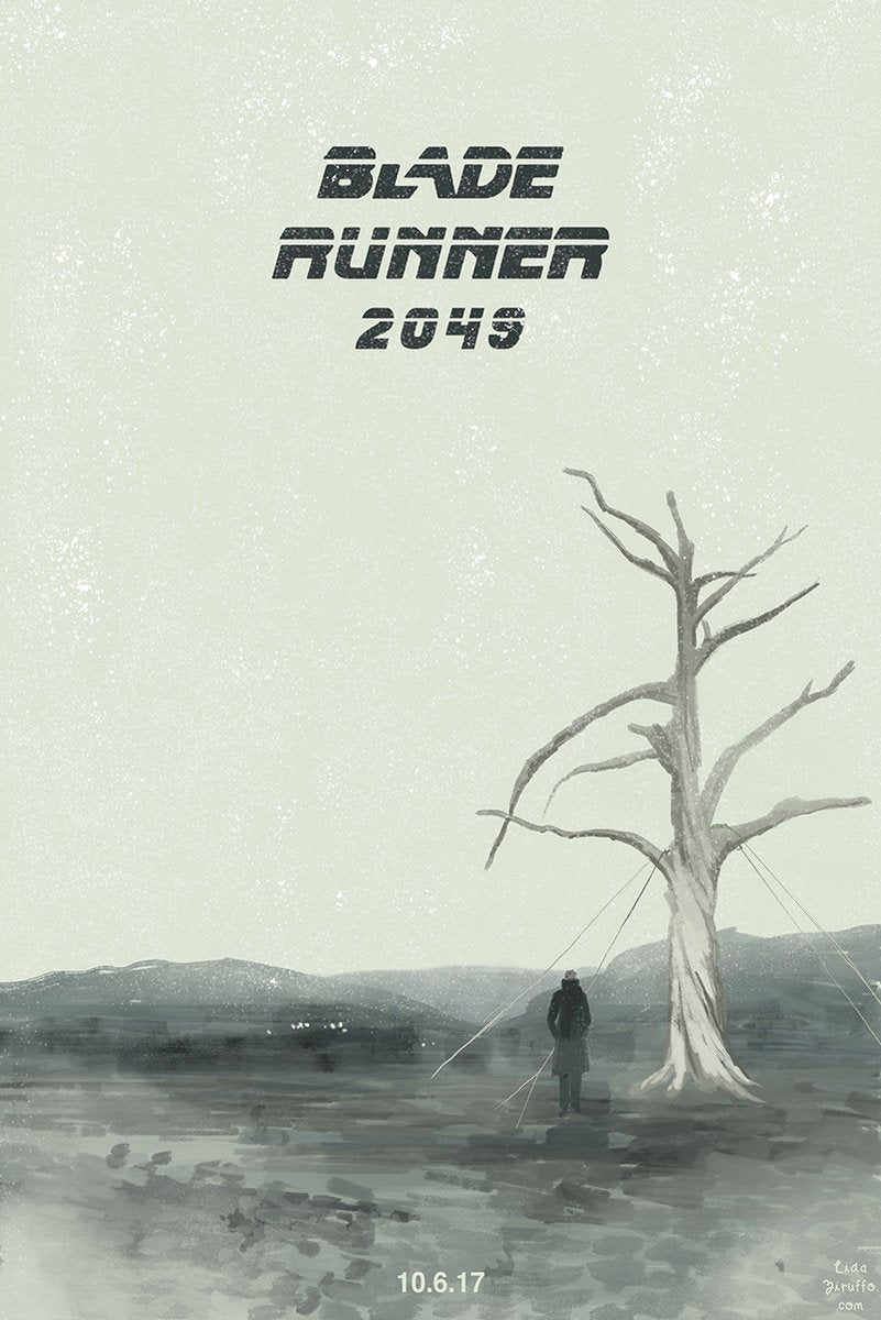 Blade Runner 2049 poster depicts a lone dark-coated figure beside a bare tree in a misty gray-green landscape.