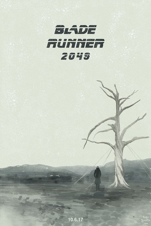 Blade Runner 2049 poster depicts a lone dark-coated figure beside a bare tree in a misty gray-green landscape.
