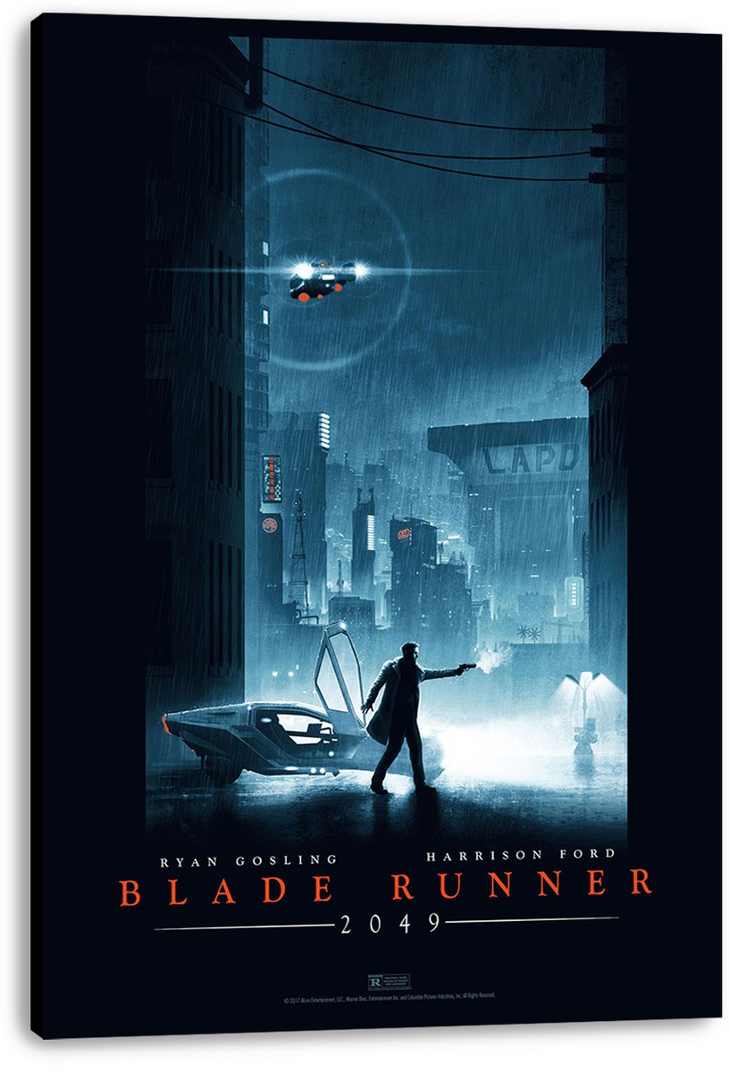 Blade Runner 2049 canvas wall art print presents the blue rainy city scene, armed man, futuristic car, and hovering vehicle.
