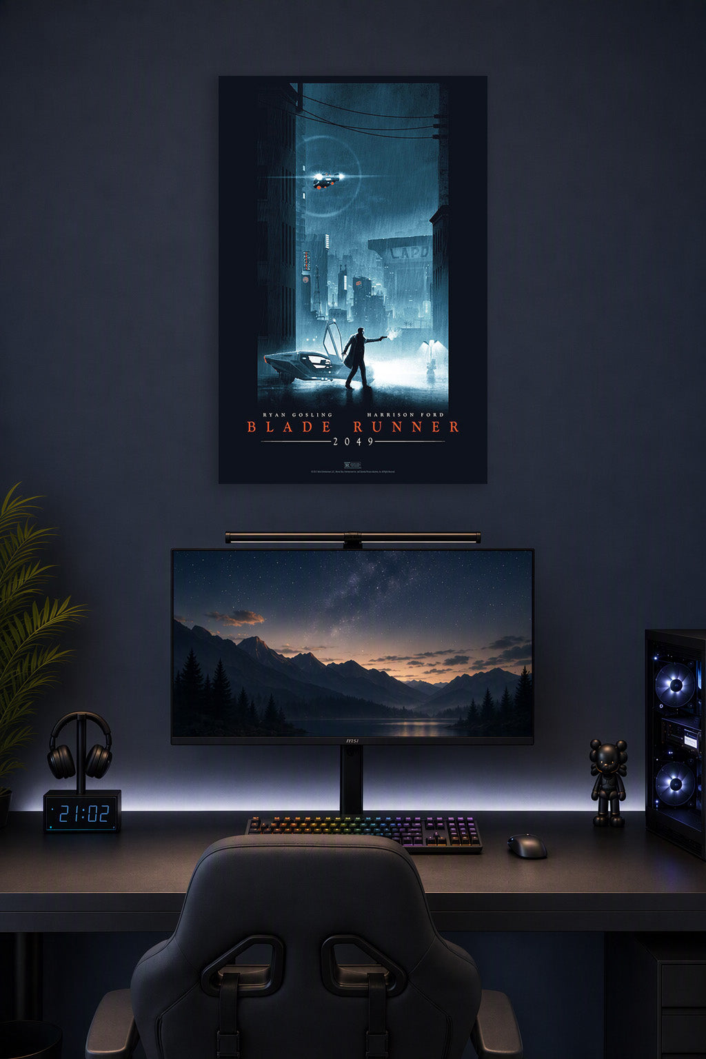 Blade Runner 2049 Movie in a gaming desk setup above a monitor.