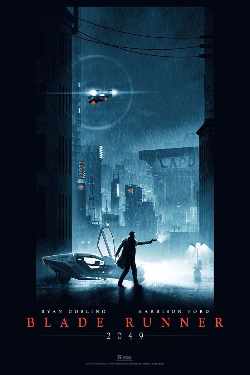 Blade Runner 2049 poster depicts a man with a gun beside a futuristic car in a rain-soaked blue city beneath a flying vehicle.