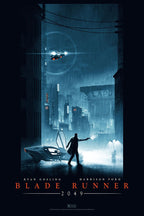 Blade Runner 2049 poster depicts a man with a gun beside a futuristic car in a rain-soaked blue city beneath a flying vehicle.