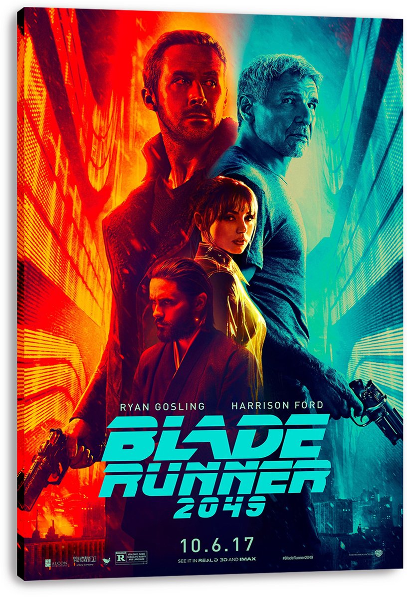 Blade Runner 2049 canvas wall art print displays four characters and neon city architecture in contrasting red and teal tones.