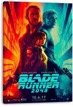 Blade Runner 2049 canvas wall art print displays four characters and neon city architecture in contrasting red and teal tones.