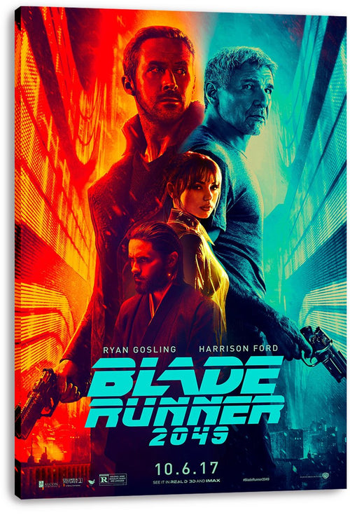 Blade Runner 2049 canvas wall art print displays four characters and neon city architecture in contrasting red and teal tones.