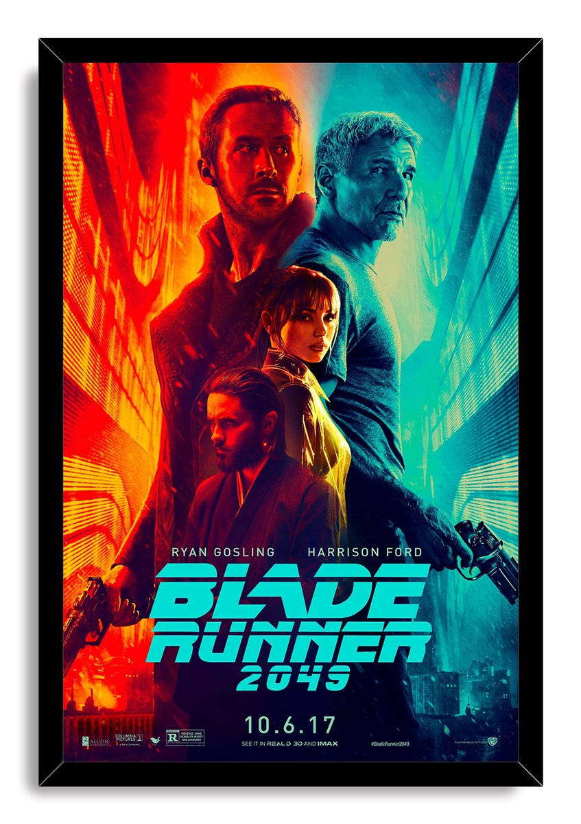Blade Runner 2049 framed wall art print presents four character portraits with guns, bold turquoise title text, and a neon cityscape.