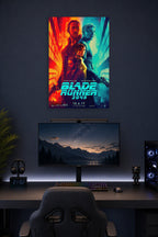 Blade Runner 2049 Movie Poster in a gaming desk setup above a monitor.