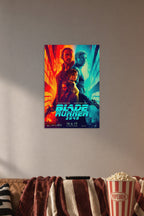 Blade Runner 2049 Movie Poster in a cozy movie room above a brown sofa with popcorn.