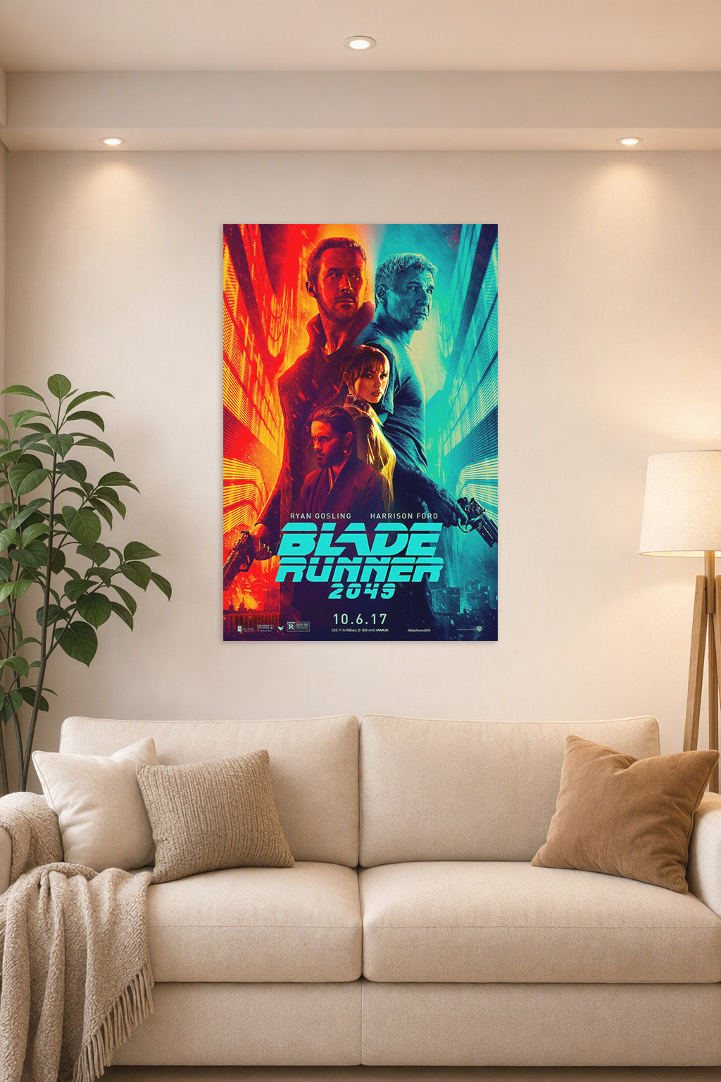 Blade Runner 2049 Movie Poster in a bright living room above a beige sofa.