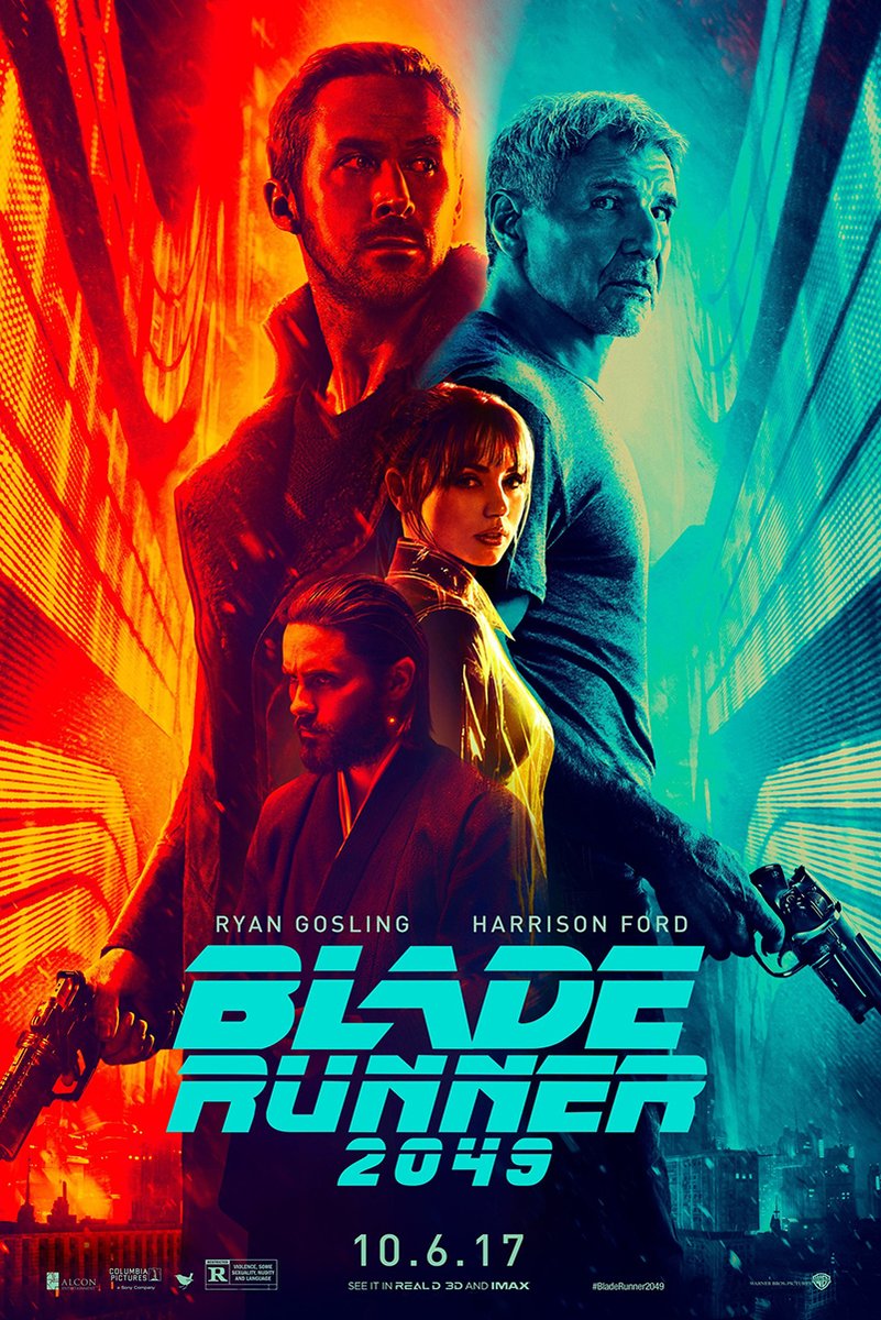 Blade Runner 2049 poster features four character portraits with pistols against a neon red, orange, and cyan futuristic city.