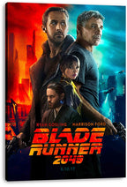 Blade Runner 2049 canvas wall art print with four character portraits, flying vehicles, neon city skyline, and bold orange title.