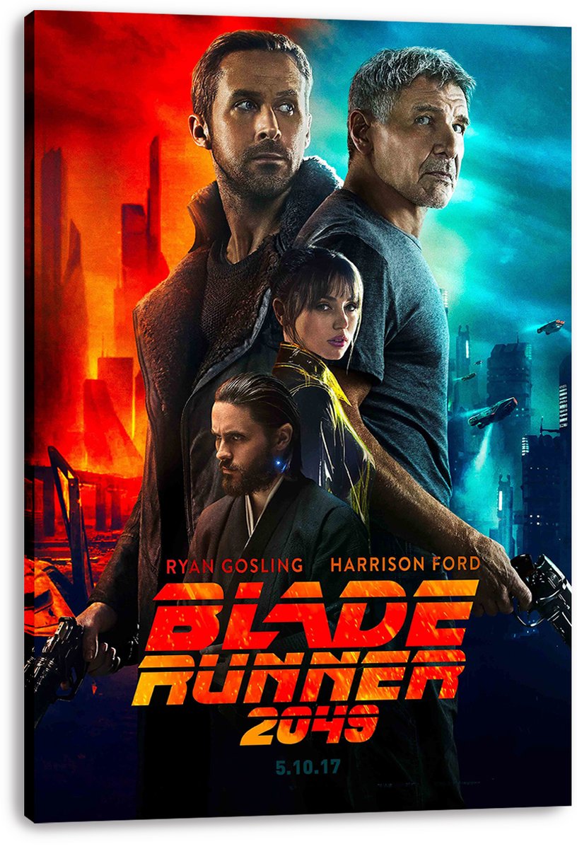 Blade Runner 2049 canvas wall art print with four character portraits, flying vehicles, neon city skyline, and bold orange title.