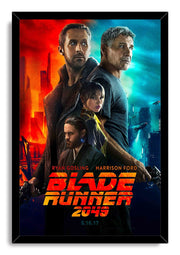 Blade Runner 2049 framed wall art print with four character portraits, futuristic city lights, flying cars, and orange-red title text.