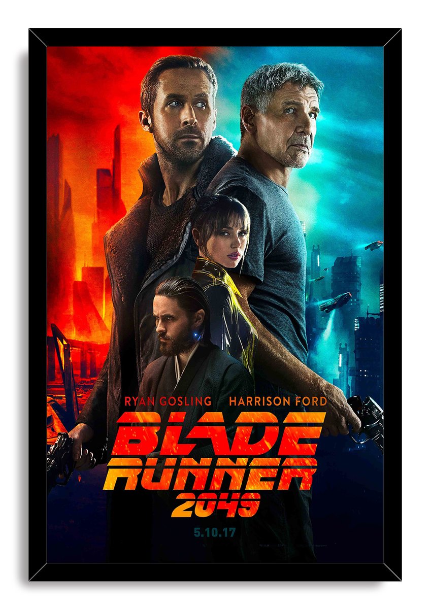 Blade Runner 2049 framed wall art print with four character portraits, futuristic city lights, flying cars, and orange-red title text.