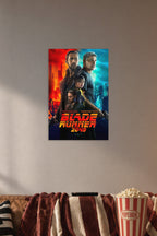 Blade Runner 2049 Movie Poster with Ryan Gosling and Harrison Ford in a cozy movie room above a brown sofa with popcorn.