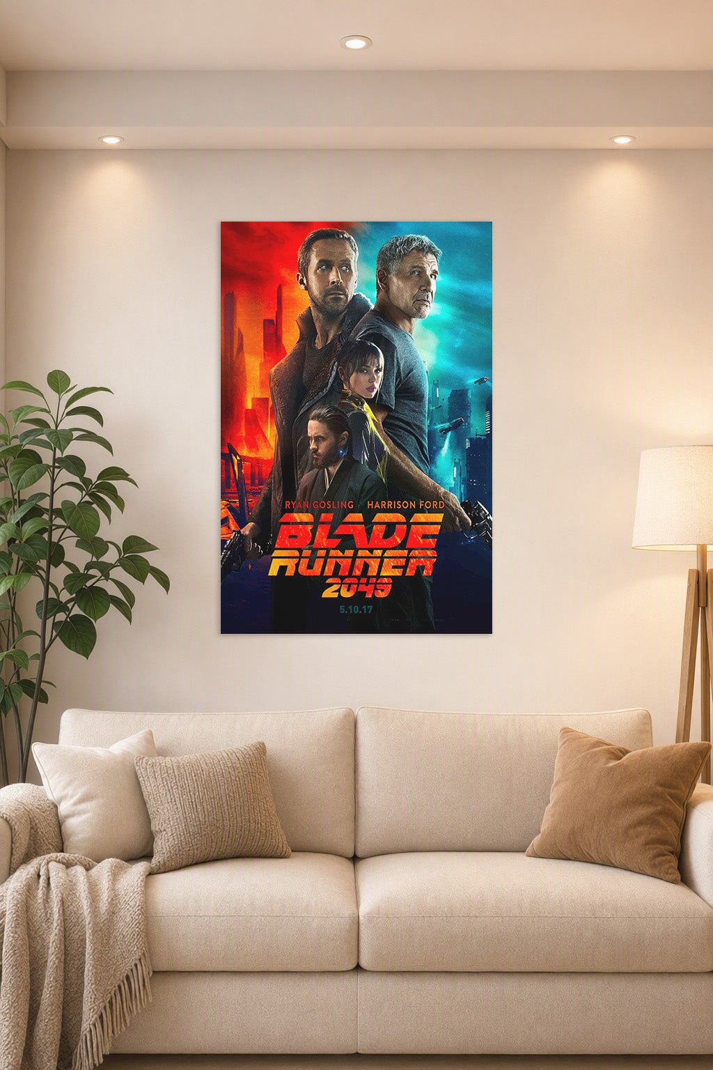 Blade Runner 2049 Movie Poster with Ryan Gosling and Harrison Ford in a bright living room above a beige sofa.