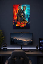 Blade Runner 2049 Movie Poster with Ryan Gosling and Harrison Ford in a gaming desk setup above a monitor.