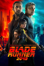 Blade Runner 2049 poster featuring Ryan Gosling, Harrison Ford, Ana de Armas and Jared Leto against red and blue cityscapes.