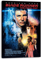 Blade Runner The Final Cut canvas wall art print displays a neon-lit character collage with rain streaks, blue shadows, and warm orange glow.