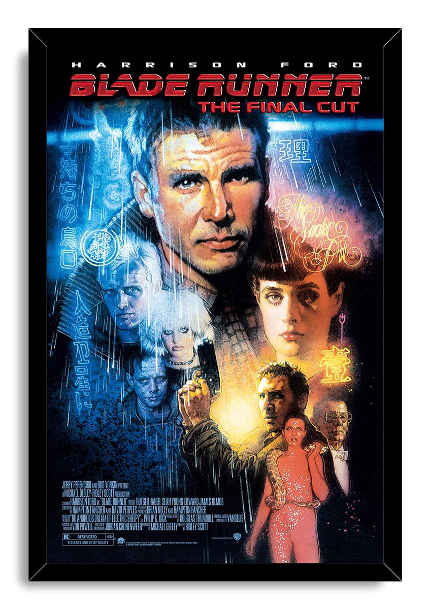 Blade Runner The Final Cut framed wall art print presents a rain-soaked futuristic character montage, glowing neon symbols, and bold red title text.