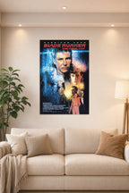Blade Runner in a bright living room above a beige sofa.