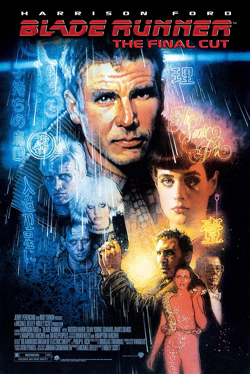 Blade Runner The Final Cut poster features a central male portrait, neon signs, rain, and character collage in blue, orange, and red.