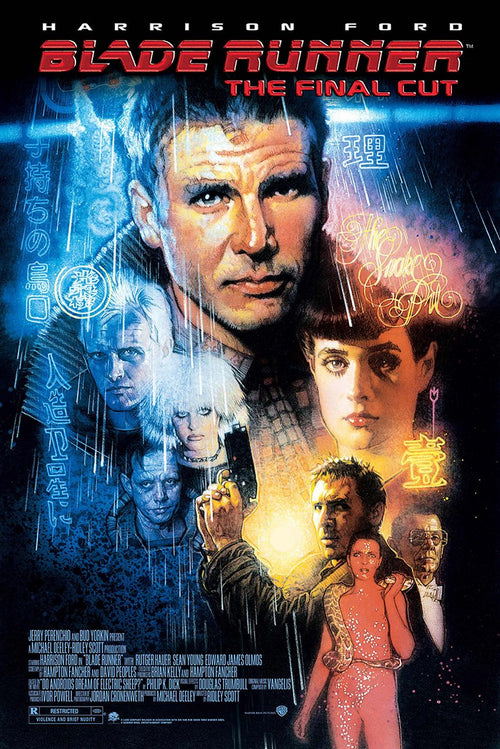 Blade Runner The Final Cut poster features a central male portrait, neon signs, rain, and character collage in blue, orange, and red.