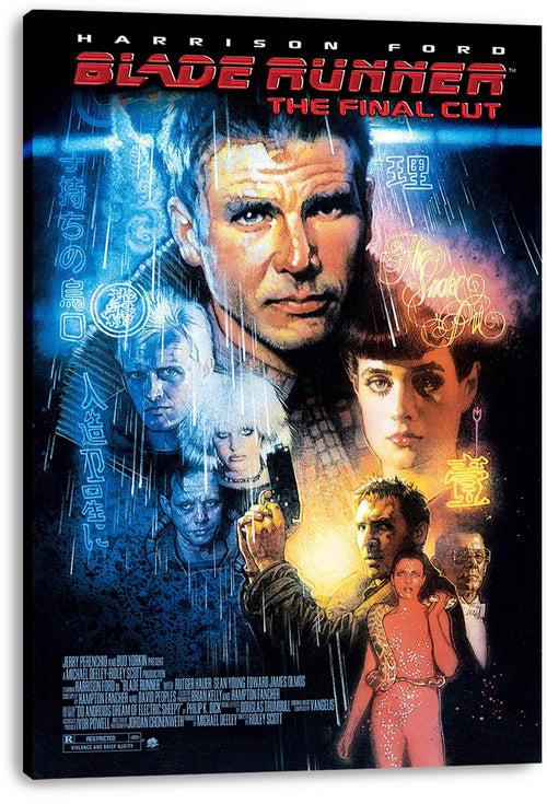 Blade Runner The Final Cut canvas wall art print featuring Harrison Ford, neon city rain, multiple character portraits, and red title text.