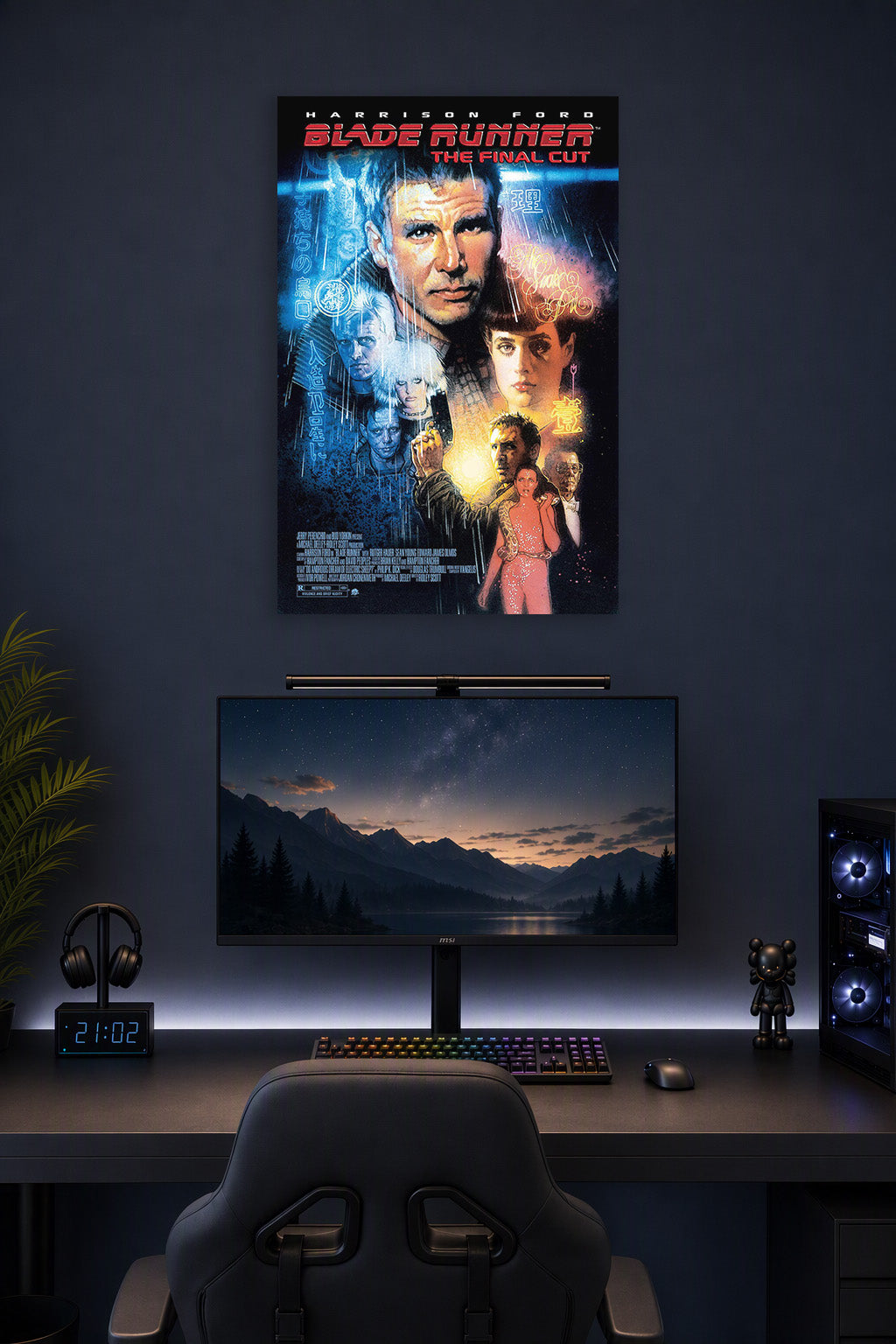 Blade Runner Harrison Ford Sci-Fi Movie in a gaming desk setup above a monitor.