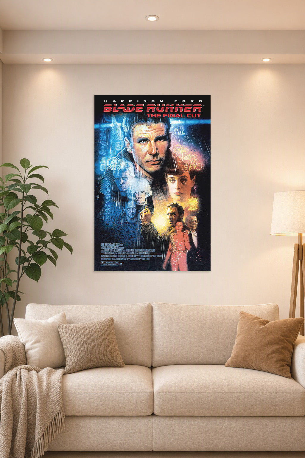 Blade Runner Harrison Ford Sci-Fi Movie in a bright living room above a beige sofa.