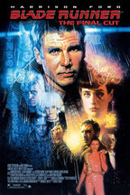 Blade Runner The Final Cut poster with Harrison Ford portrait, rain-soaked neon signs, and illustrated characters in blue and orange.