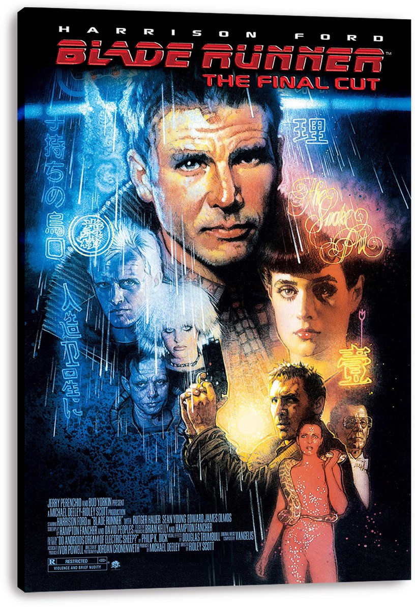 Blade Runner: The Final Cut canvas wall art print displays red title lettering, rain-soaked faces, neon symbols, and a glowing skyline.