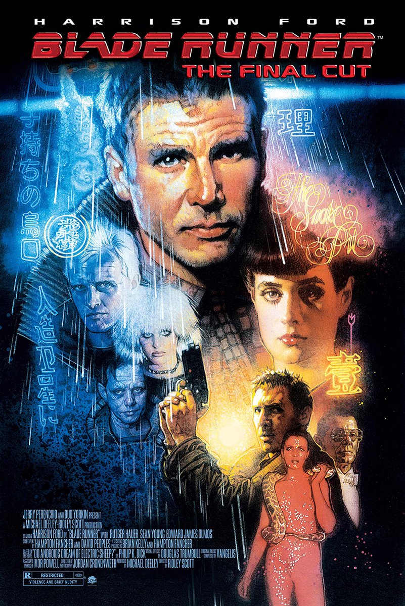Blade Runner: The Final Cut poster features a rain-streaked male portrait, neon signs, and a collage of characters in blue and amber.