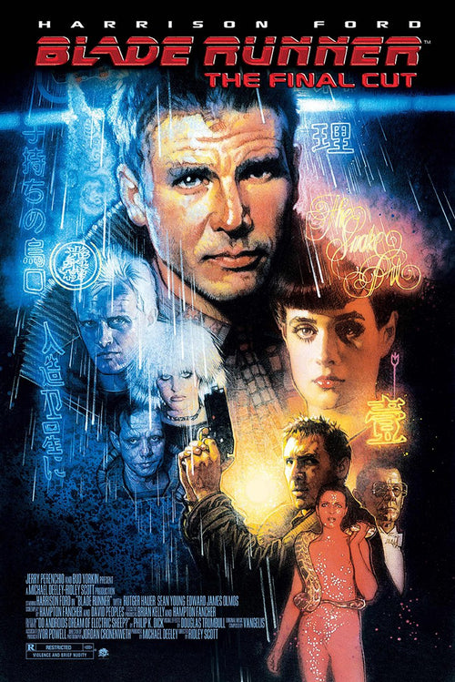 Blade Runner: The Final Cut poster features a rain-streaked male portrait, neon signs, and a collage of characters in blue and amber.