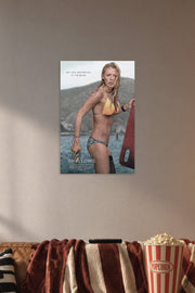 Blake Lively The Shallows Movie Poster in a cozy movie room above a brown sofa with popcorn.