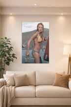 Blake Lively The Shallows Movie Poster in a bright living room above a beige sofa.