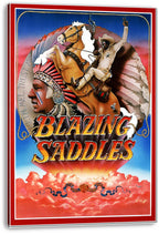 Blazing Saddles canvas wall art print featuring a cowboy riding a rearing horse above bold title lettering and fiery red clouds.