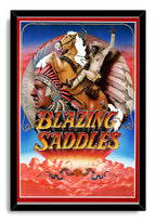 Blazing Saddles framed wall art print with a black border, cowboy on horseback, Native American profile, and Western-style title.
