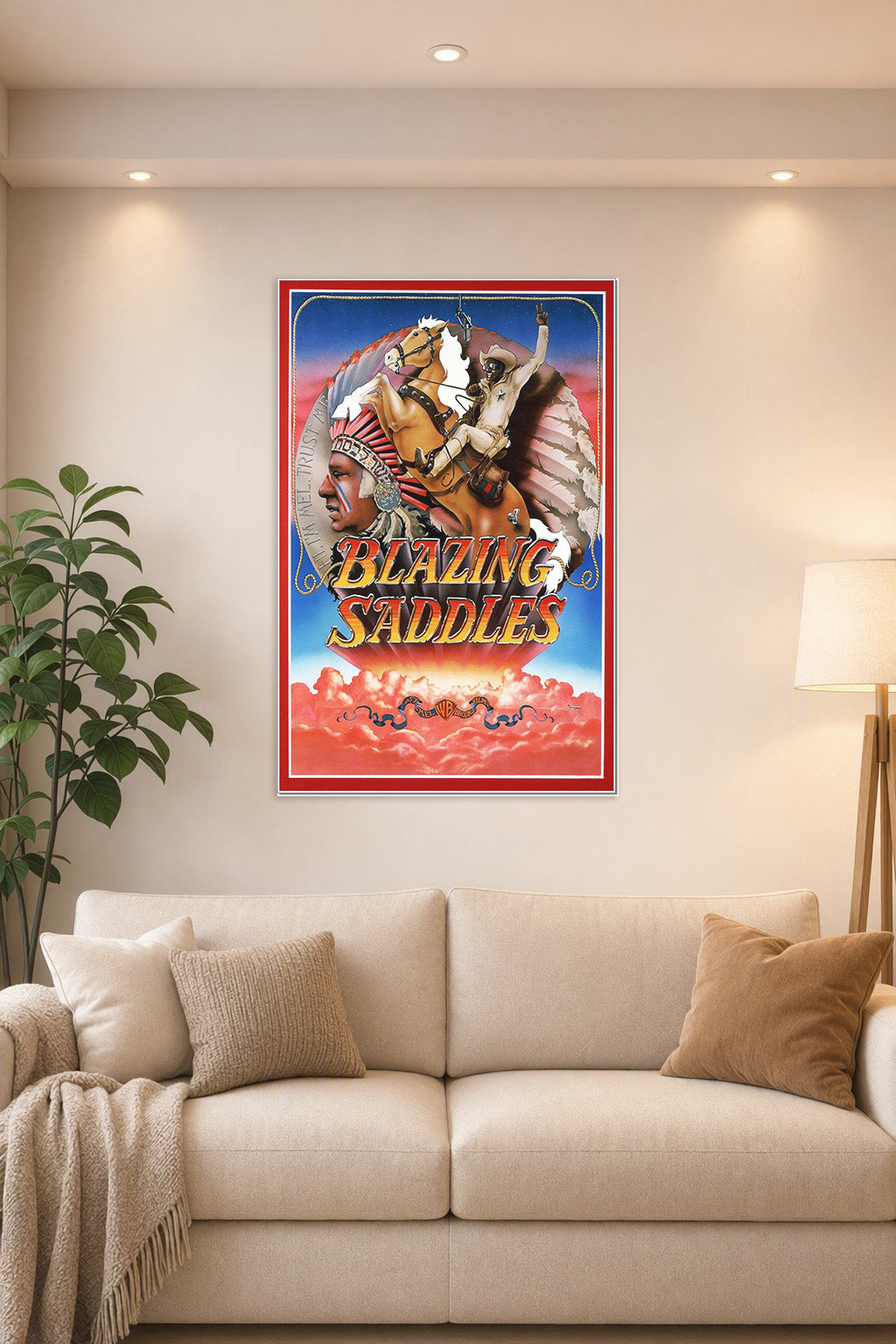 Blazing Saddles Movie Poster in a bright living room above a beige sofa.