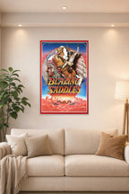 Blazing Saddles Movie Poster in a bright living room above a beige sofa.