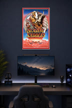 Blazing Saddles Movie Poster in a gaming desk setup above a monitor.
