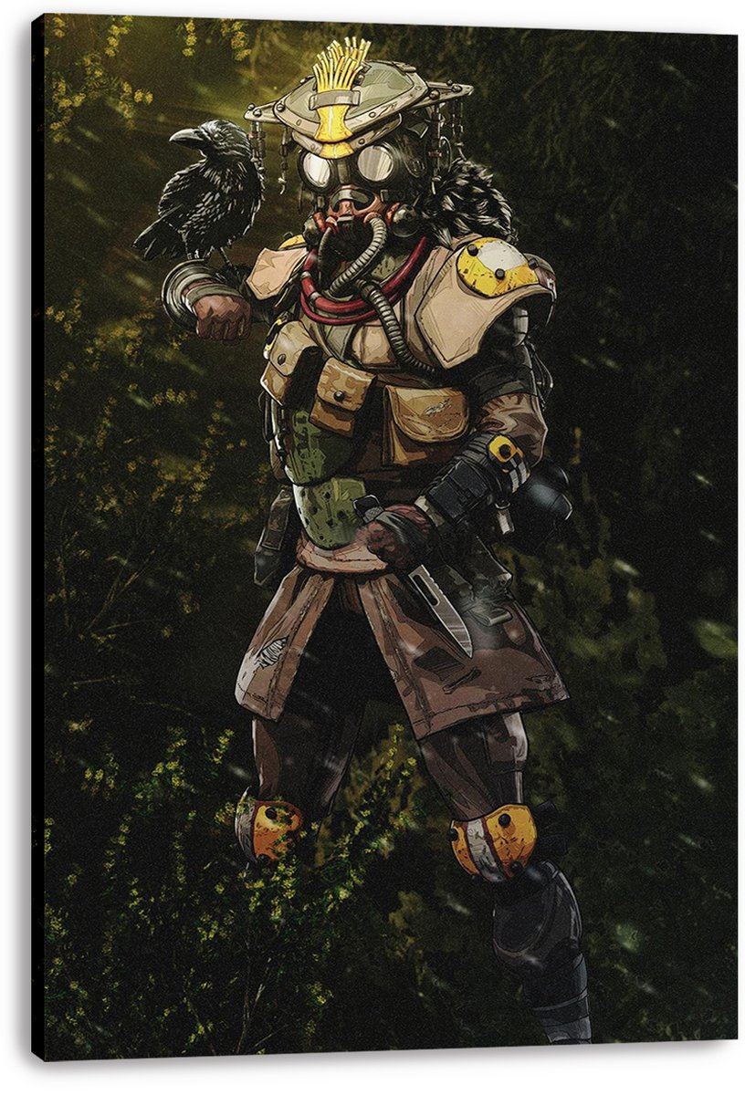 Bloodhound canvas wall art print from Apex Legends features the goggled, gas-masked tracker and black raven amid shadowy foliage.