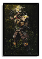 Bloodhound framed wall art print from Apex Legends portrays the armored, gas-masked tracker with a raven against a deep green woodland backdrop.