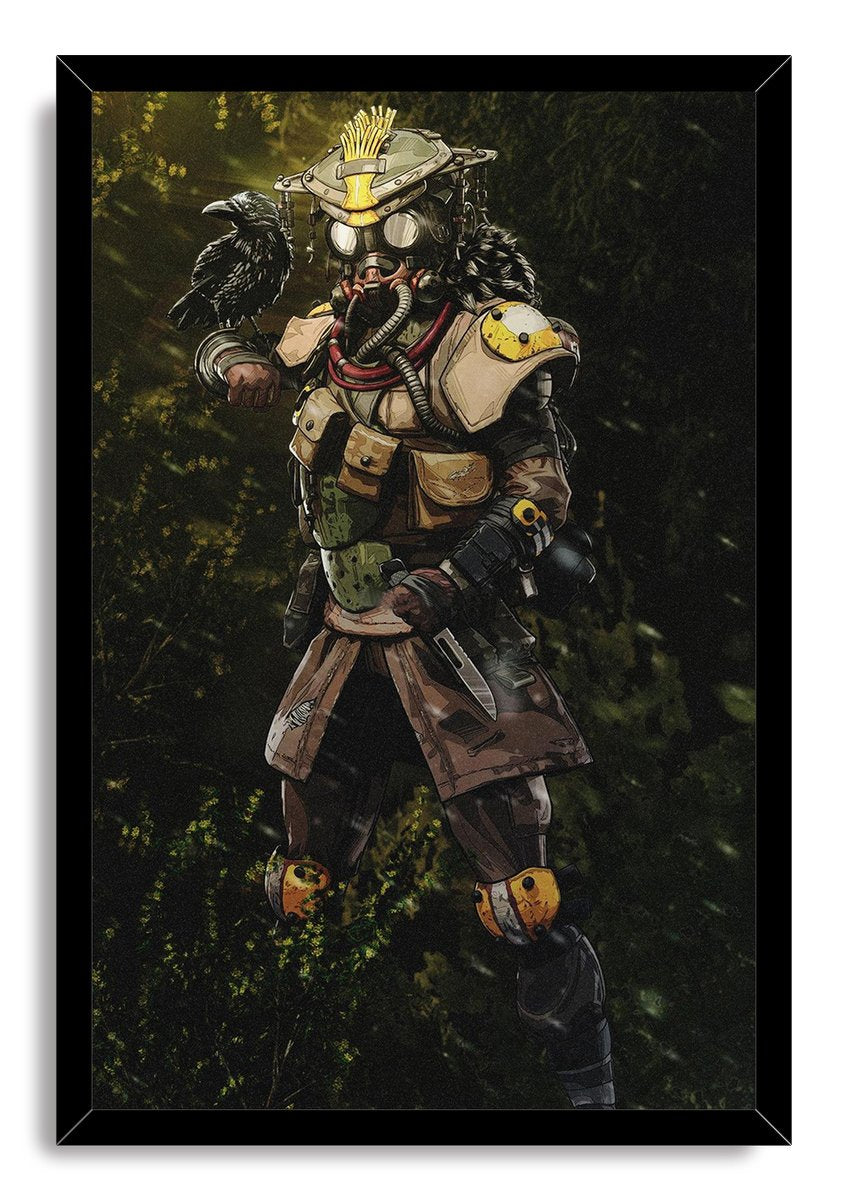 Bloodhound framed wall art print from Apex Legends portrays the armored, gas-masked tracker with a raven against a deep green woodland backdrop.